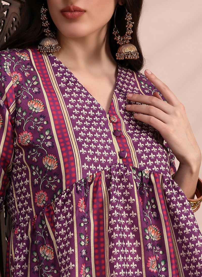 Globus Women Purple Ethnic Print V-Neck Gathered Detail Tunic & Mid Rise Wide Leg Trouser Fusion Co-Ord Set - Image 5